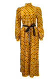 Amarelo casual elegante estampa polka dot patchwork meia gola alta vestidos retos