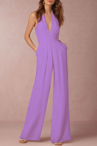 Light Purple Simplicity Solid Patchwork Backless Halter Straight Jumpsuits