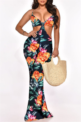 Green Fashion Sexy Print Patchwork Backless Spaghetti Strap Regular Jumpsuits
