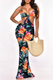 Tangerine Red Fashion Sexy Print Patchwork Backless Spaghetti Strap Regular Jumpsuits