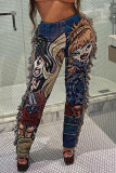 Nappa viola con stampa di strada sexy per realizzare vecchi pantaloni con stampa di posizionamento dritti a vita alta patchwork