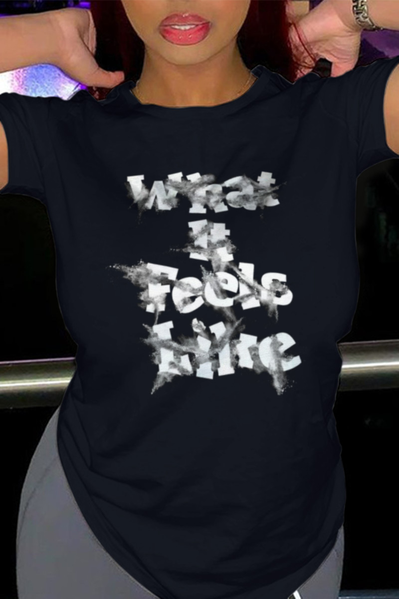 

Black Fashion Casual Print Split Joint Letter O Neck T-Shirts
