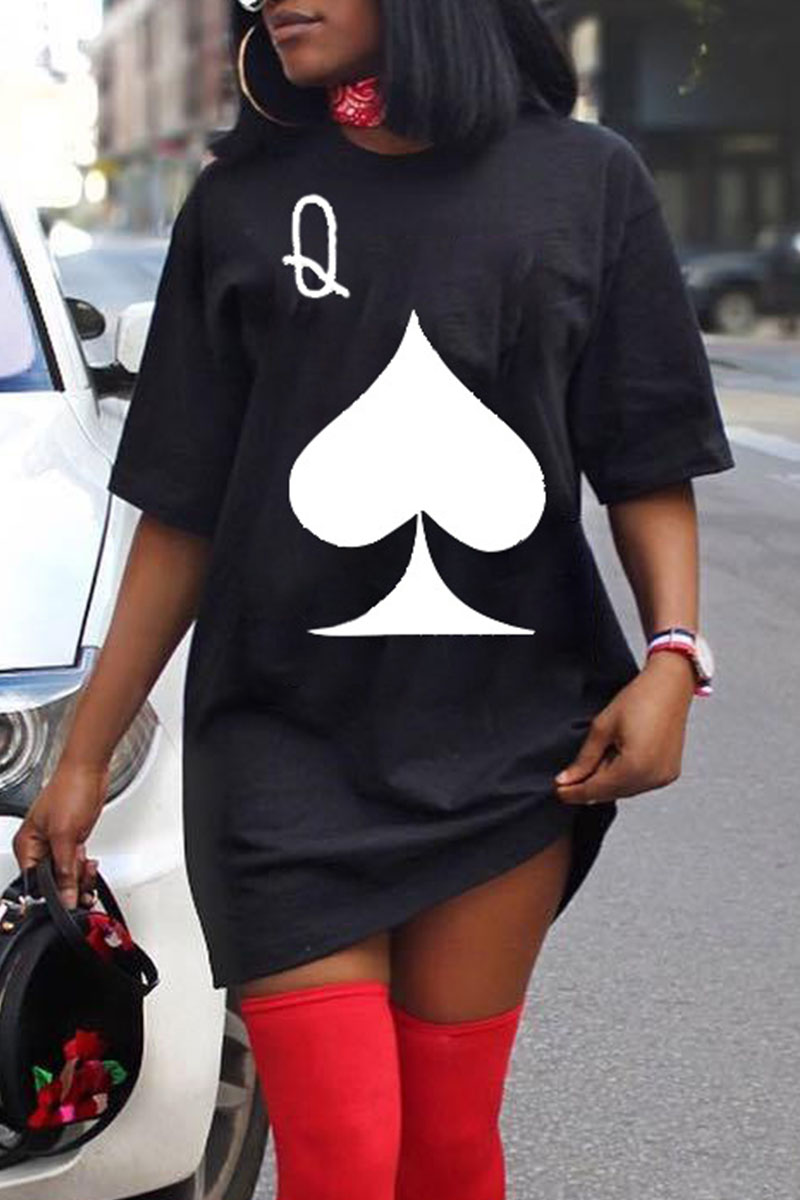 

Black Casual Print Split Joint O Neck Straight Dresses