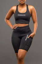 Черный Повседневная спортивная одежда С принтом Пэчворк U-образный вырез Без рукавов Из двух частей