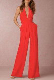 Burgundy Simplicity Solid Patchwork Backless Halter Straight Jumpsuits