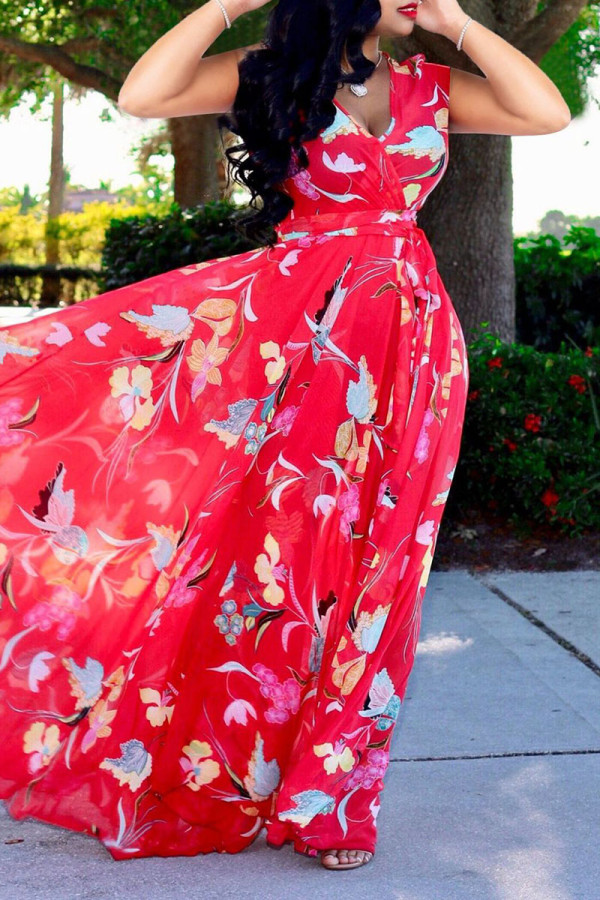 Rode casual zoete print patchwork V-hals rechte jurken