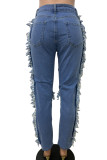 Blauwe mode casual effen kwastje gescheurde patchwork mid waist skinny denim jeans
