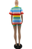 Multicolor Fashion Casual Striped Print Basic O Neck Short Sleeve Two Pieces