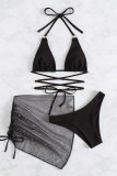 Black Fashion Sexy Solid Backless Strap Design Swimwear Three-piece Set