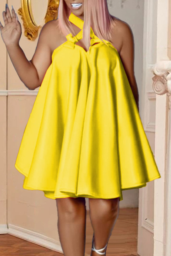 Gele sexy effen patchwork halter A-lijn jurken