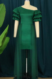 Grön Elegant Solid Patchwork Aftonklänning med sned krage