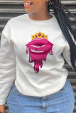 White Fashion Casual Lips Printed Patchwork O Neck Tops