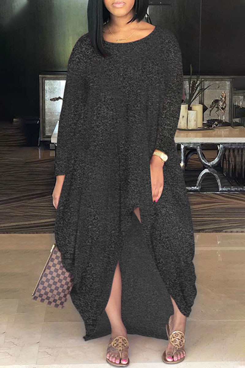 

Dark Gray Fashion Casual Solid Asymmetrical O Neck Long Sleeve Dresses