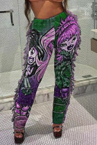 Фиолетовый сексуальный уличный принт с кисточками в стиле пэчворк, прямые брюки с высокой талией и принтом