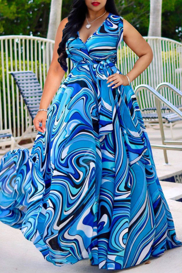 Lichtblauwe casual zoete print patchwork V-hals rechte jurken