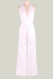 White Simplicity Solid Patchwork Backless Halter Straight Jumpsuits