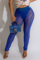 Синие сексуальные сплошные сетчатые узкие однотонные брюки с высокой талией и карандашом