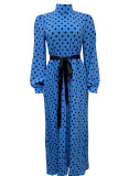 Azul casual elegante estampa polka dot patchwork meia gola alta vestidos retos