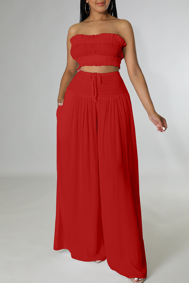 

Red Sexy Solid Split Joint Stringy Selvedge Strapless Sleeveless Two Pieces