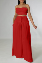 Red Sexy Solid Patchwork Stringy Selvedge Strapless Sleeveless Two Pieces