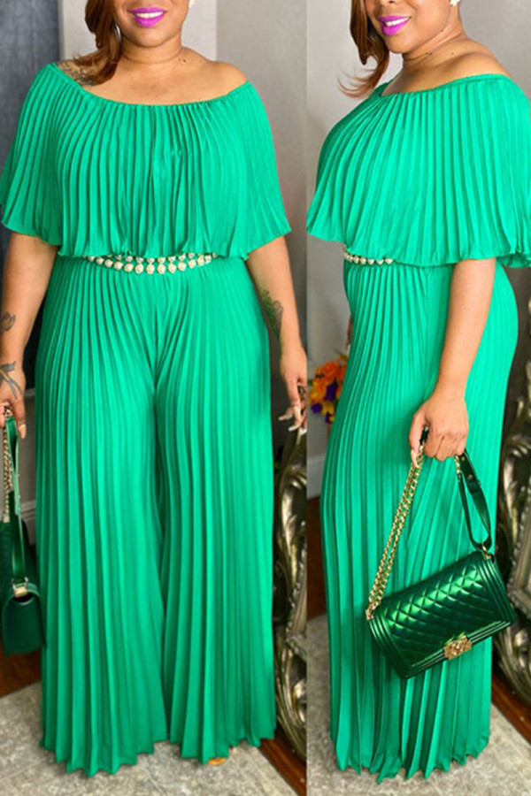 Grön Casual Solid Patchwork Vik av axeln Plus Size Jumpsuits