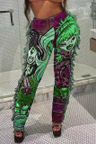 Nappa verde con stampa di strada sexy per realizzare vecchi pantaloni con stampa di posizionamento dritti a vita alta patchwork
