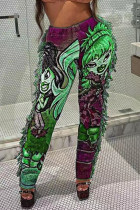 Pantalones con estampado de calle sexy, color verde, con borlas, retales viejos, rectos, cintura alta, posicionamiento, estampado