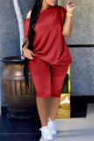 Rose Red Fashion Casual Solid Basic Oblique Collar Short Sleeve Two Pieces
