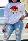 White Fashion Casual Lips Printed Patchwork O Neck Tops