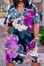 Пурпурные повседневные прямые платья с принтом в стиле пэчворк и V-образным вырезом