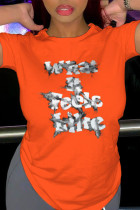 オレンジ ファッション カジュアル プリント パッチワーク レター O ネック Tシャツ