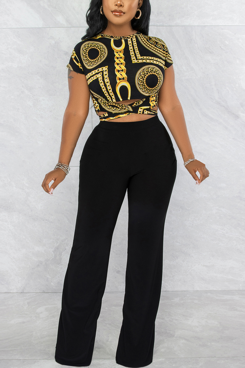 

Black Fashion Casual Simplicity Print Frenulum Pullovers O Neck Tops