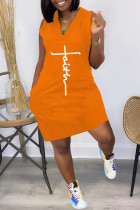 Оранжевое модное повседневное платье с карманом и V-образным вырезом с принтом
