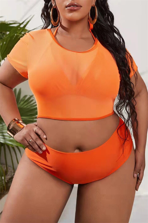 Oranje mode Sexy effen doorschijnende O-hals Plus maat badmode Driedelige set