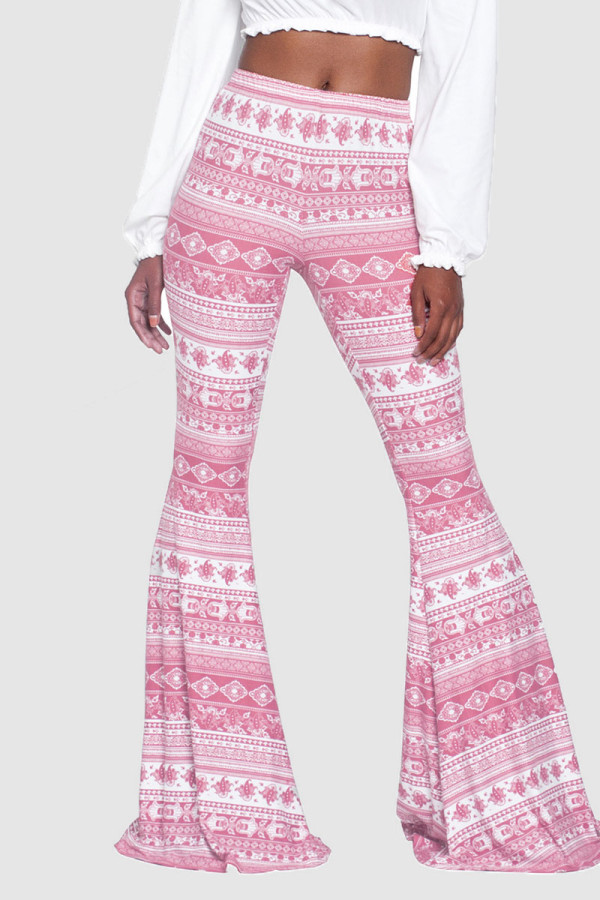 Pantalones casuales con estampado callejero y corte de bota con altavoz de cintura alta y estampado completo rosa