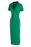 グリーン カジュアル ソリッド パッチワーク スリット V ネック ストレート ドレス