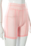Lápis de cintura alta regular transparente rosa sensual patchwork de cor sólida