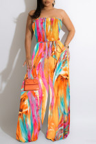 Oranje Sexy Casual Print Backless Strapless Regular Jumpsuits