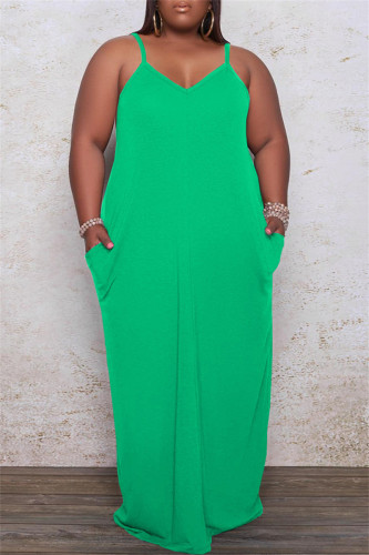 Green Sexy Casual Plus Size Solid Backless Spaghetti Strap Long Dress