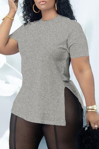 Grey Fashion Casual Solid Slit O Neck T-Shirts