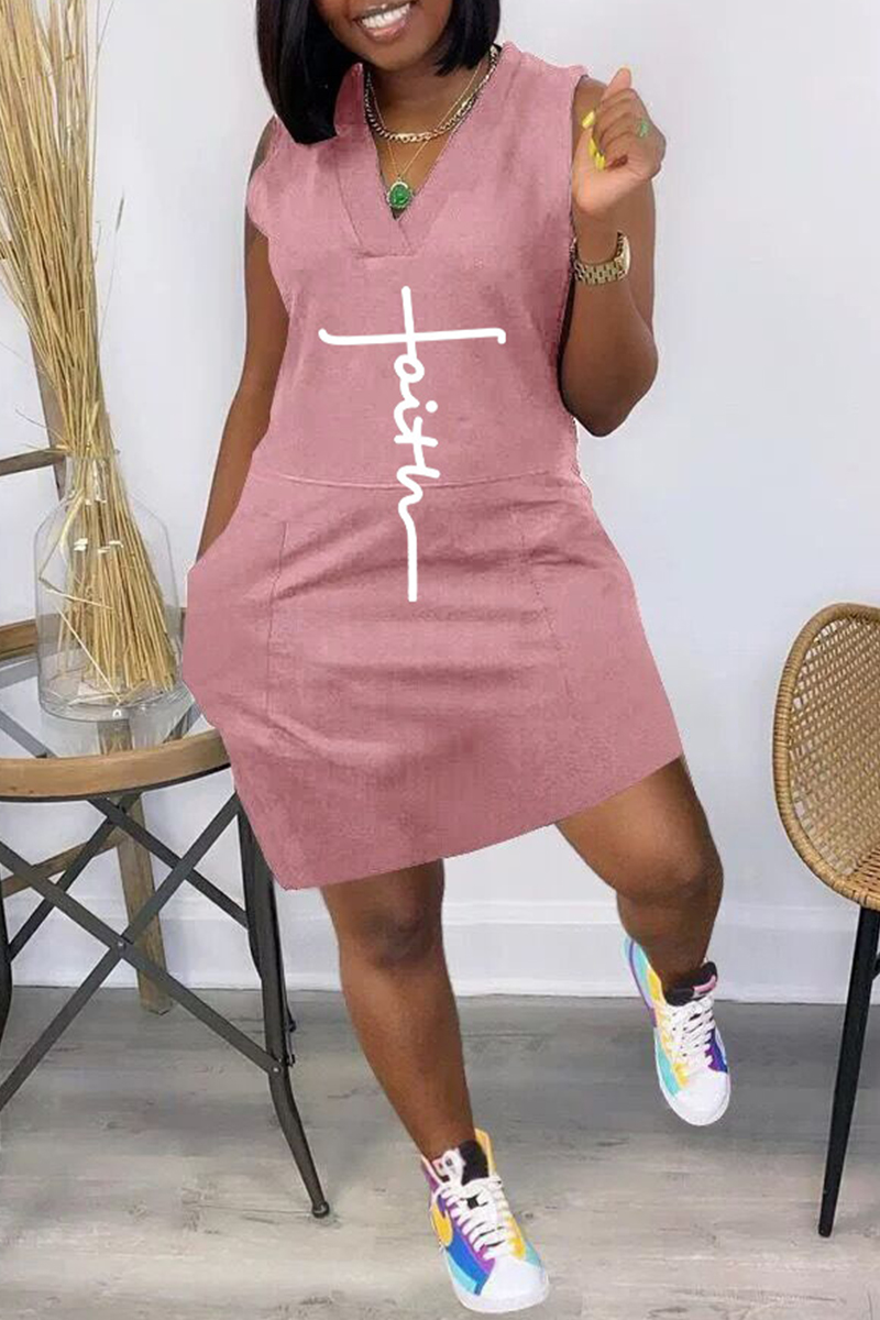 

Pink Fashion Casual Print Pocket V Neck Vest Dress