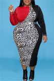 Black Fashion Casual Print Leopard Patchwork With Belt O Neck Long Sleeve Plus Size Dresses