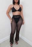 Black Fashion Sexy Solid Patchwork See-through Long Sleeve Four-piece Set