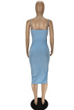 ブルーファッションセクシーなソリッドパッチワークバックレススパゲッティストラップペンシルスカートドレス