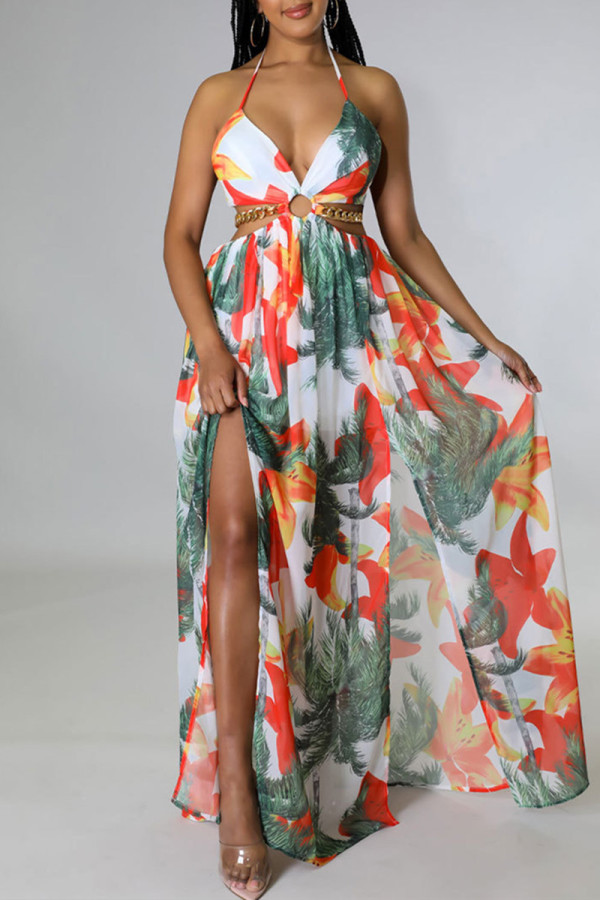 Lichte kleur Mode Sexy Print Backless Slit Halter Sling Dress