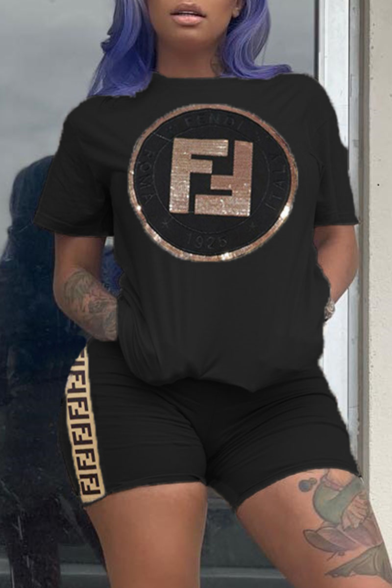 

Black Fashion Sportswear Letter Split Joint O Neck Short Sleeve Two Pieces