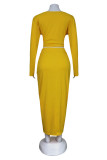 Yellow Sexy Casual Solid Bandage V Neck Plus Size Two Pieces