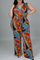 Macacão multicolorido moda casual com estampa básica decote em V plus size