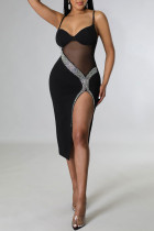 Black Fashion Sexy Patchwork Hot Drilling Backless Slit Spaghetti Strap Sleeveless Dress