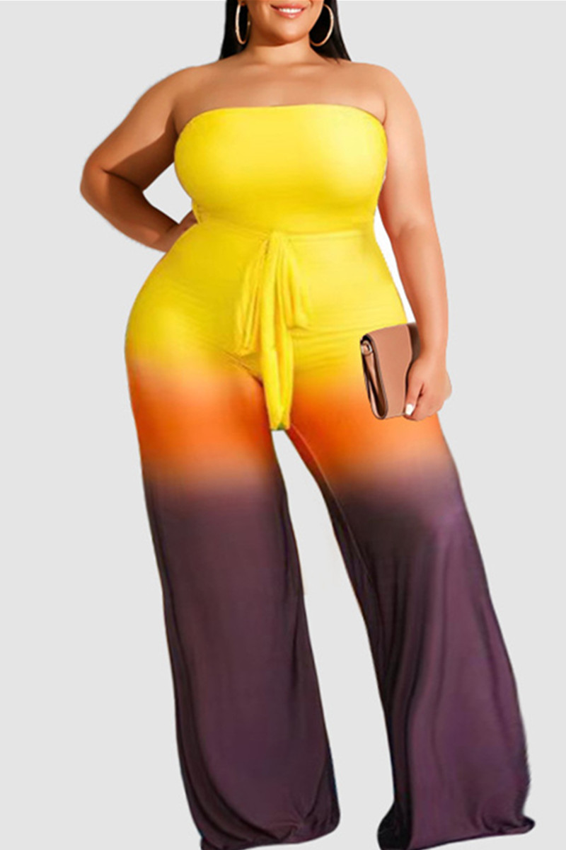 

Yellow Fashion Sexy Gradual Change Print Backless Strapless Plus Size Jumpsuits